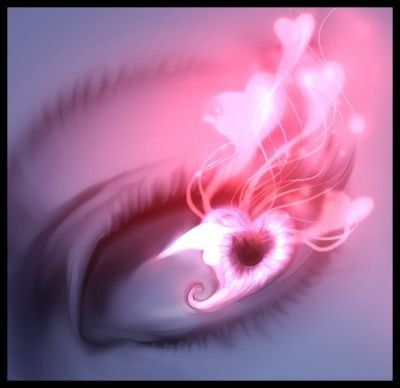 Auge mit rosafarbenen Herzen