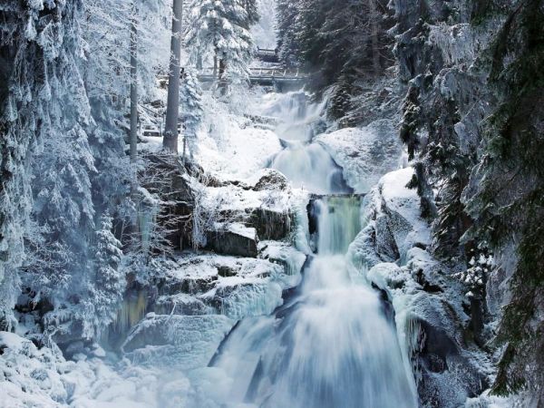 Mystischer Bach im schneebedeckten Wald